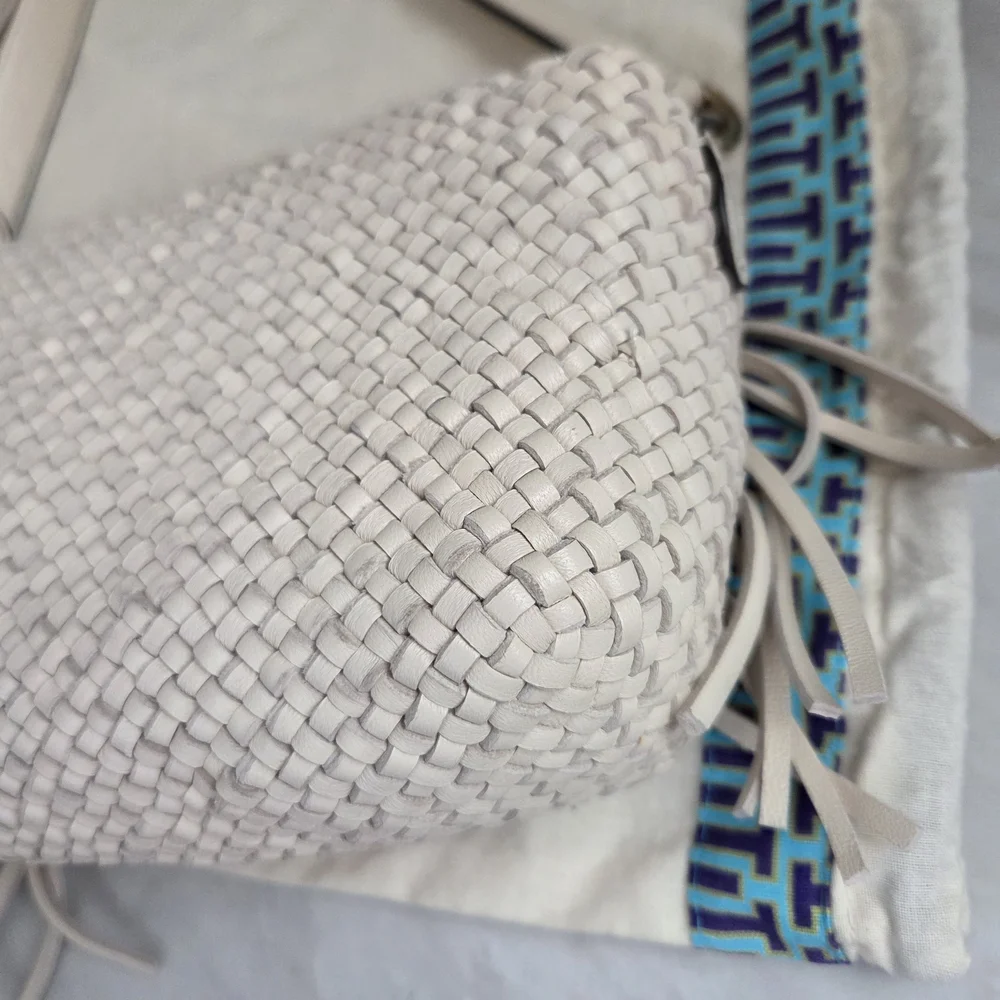 Tory Burch Ivory Woven Fringe Crossbody with Gold Hardware